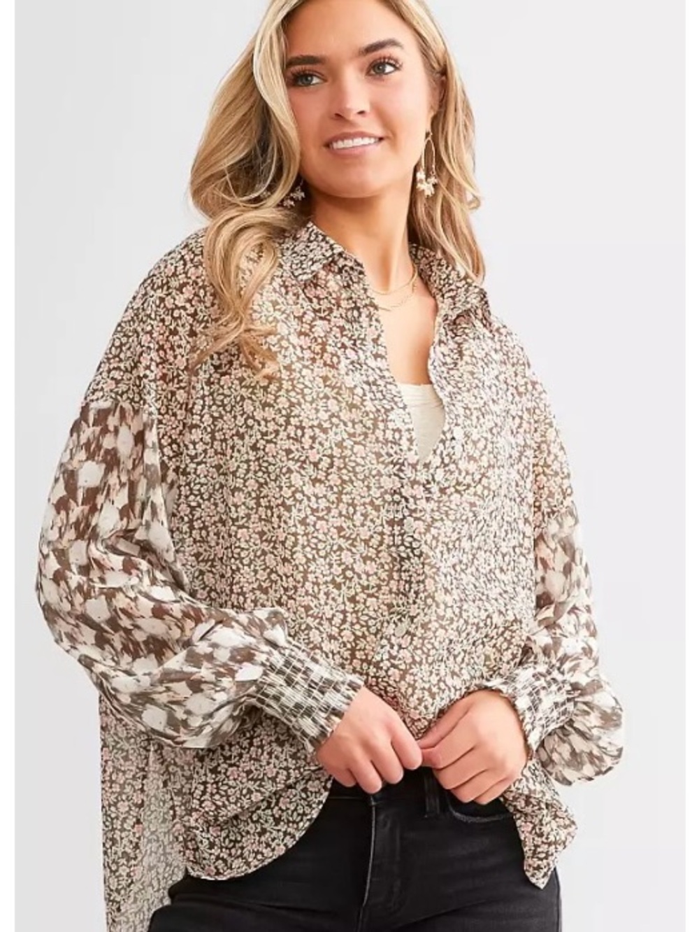 Buckle ACOA Floral Semi Sheer Button Down Blouse